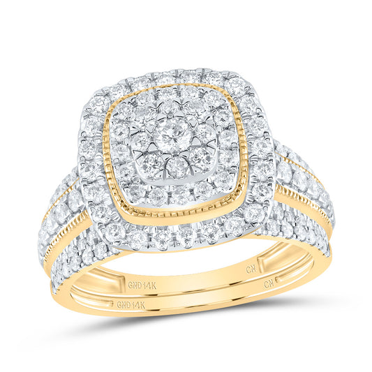 14kt Yellow Gold 1 1/5 Cttw Natural Diamond Cushion Double Halo Wedding Engagement Anniversary Bridal Set, Women Size: 5-9