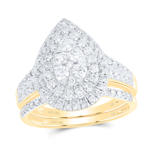 14kt Yellow Gold 1 Cttw Natural Diamond Pear Double Halo Wedding Engagement Anniversary Bridal Set, Women Size: 5-9