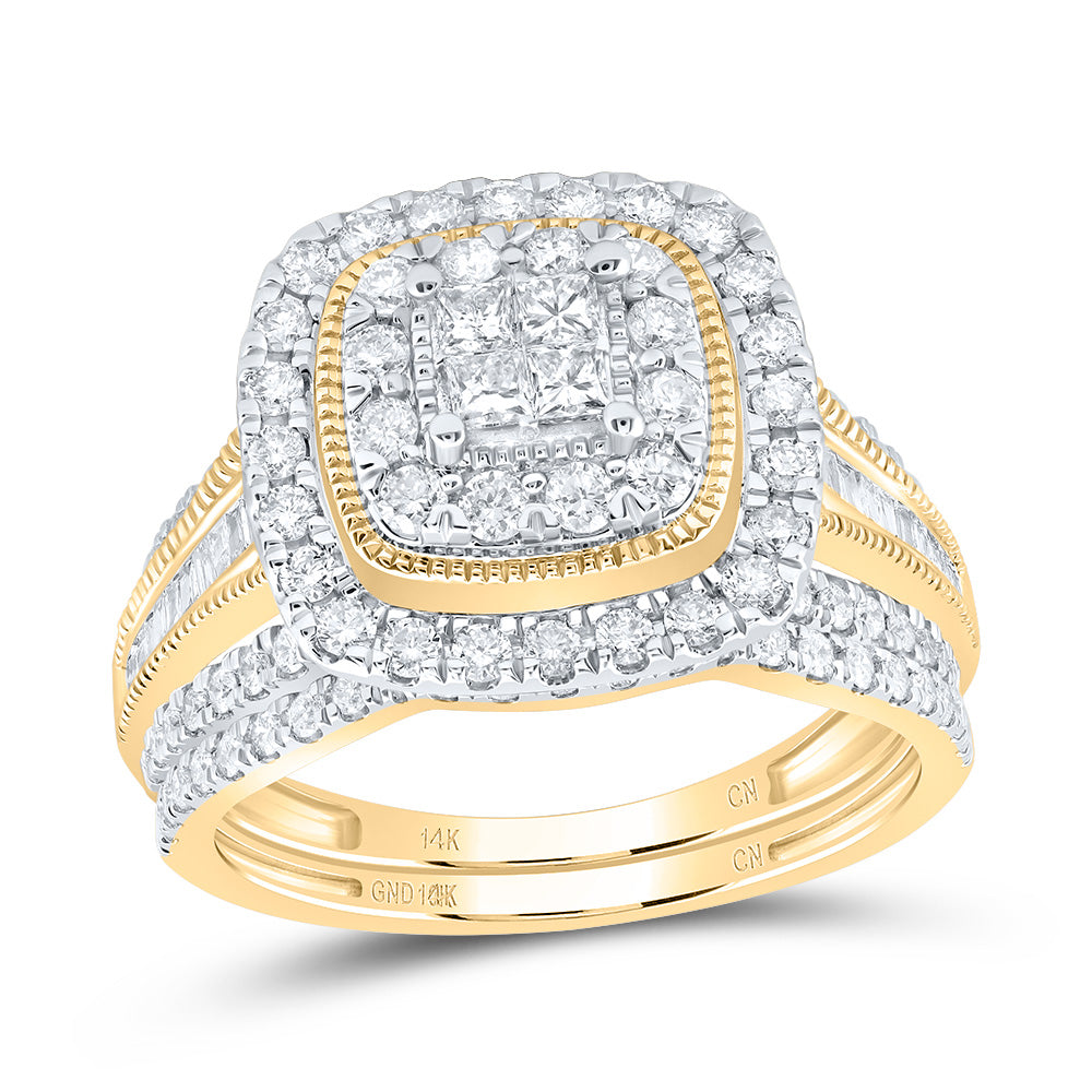 14K Yellow Gold 1Ctw Natural Diamond Cn Cushion Double Halo Bridal Set