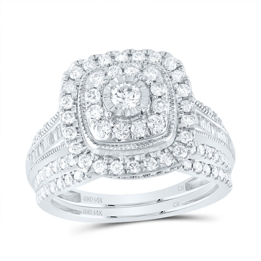 14kt White Gold 1 Cttw Natural Diamond Cushion Double Halo Wedding Engagement Anniversary Bridal Set, Women Size: 5-9
