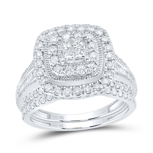 10kt White Gold 1 Cttw Natural Diamond Cushion Double Halo Wedding Engagement Anniversary Bridal Set, Women Size: 5-9
