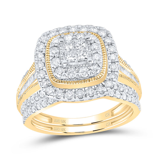 10kt Yellow Gold 1 Cttw Natural Diamond Cushion Double Halo Wedding Engagement Anniversary Bridal Set, Women Size: 5-9