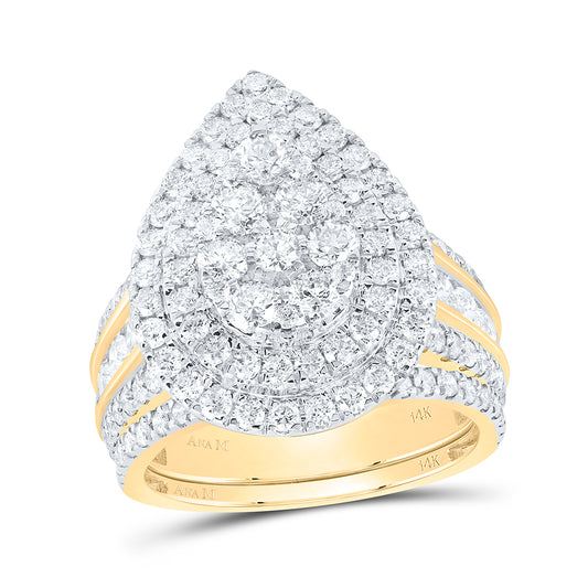 14kt Yellow Gold 3 Cttw Natural Diamond Ana M Pear Double Halo Wedding Engagement Anniversary Bridal Set, Women Size: 5-9