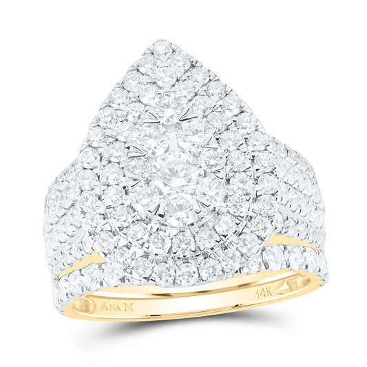 14kt Yellow Gold 3 Cttw Natural Diamond Ana M and 1/4 Cttw Round Pear Double Halo Wedding Engagement Anniversary Bridal Set, Women Size: 5-9
