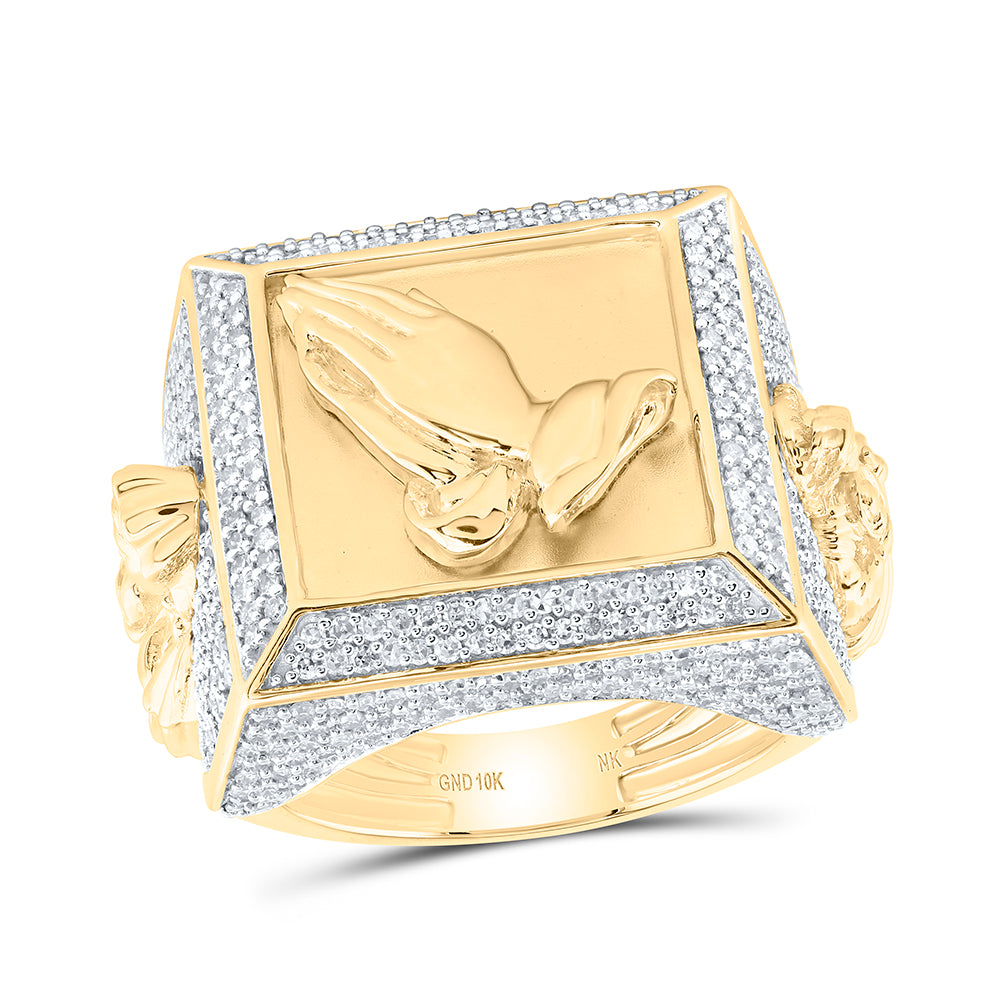 10kt Yellow Gold 2 Cttw Natural Diamond Scapular Prayer Mens Ring, Men Size: 8-12