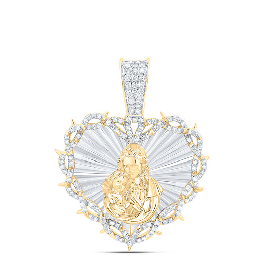 10kt Yellow Gold 3/4 Cttw Natural Diamond Mother Mary Heart Mens Charm