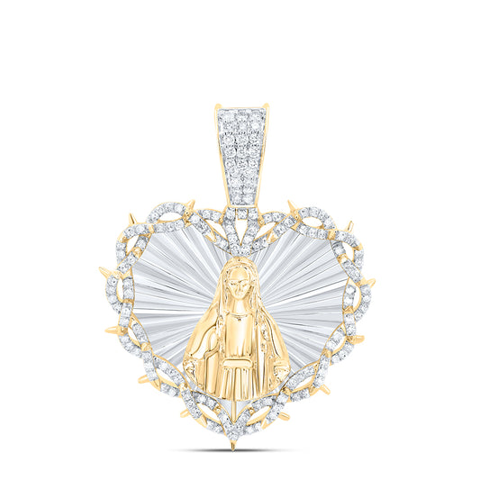10k Yellow White 3/4 Cttw Natural Diamond Mother Mary Heart Mens Charm