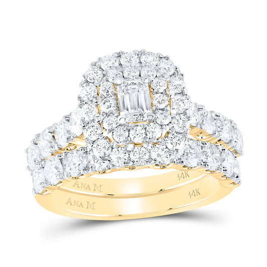 14kt Yellow Gold 2 7/8 Cttw Natural Diamond Ana M and 1/3 Cttw Emerald Double Halo Wedding Engagement Anniversary Bridal Set, Women Size: 5-9