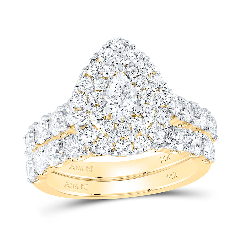 14kt Yellow Gold 2 7/8 Cttw Natural Diamond Ana M and 1/3 Cttw Pear Double Halo Wedding Engagement Anniversary Bridal Set, Women Size: 5-9