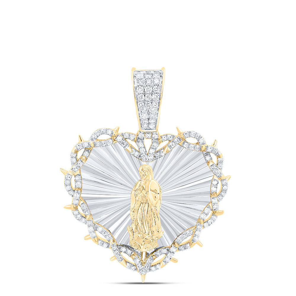 10kt Yellow Gold 7/8 Cttw Natural Diamond Guadalupe Virgin Mary Heart Mens Charm