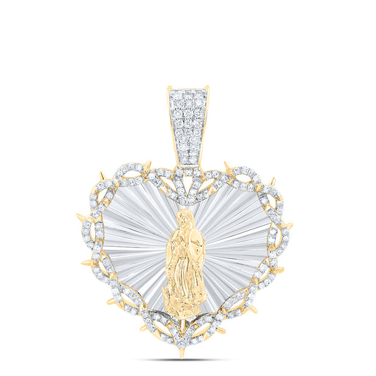 10kt Yellow Gold 7/8 Cttw Natural Diamond Guadalupe Virgin Mary Heart Mens Charm