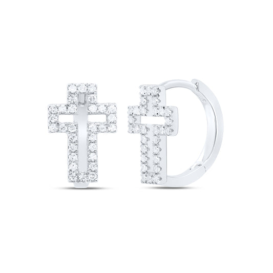 10kt White Gold 1/3 Cttw Natural Diamond Fashion Cross Huggies Hoop Earring