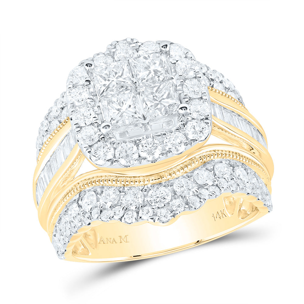 14kt Yellow Gold 3 Cttw Natural Diamond Cushion Single Halo Wedding Engagement Anniversary Bridal Set, Women Size: 5-9