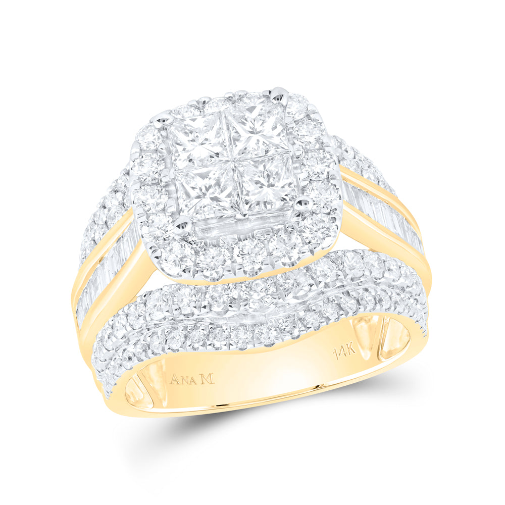 14kt Yellow Gold 3 Cttw Natural Diamond Cushion Single Halo Wedding Engagement Anniversary Bridal Set, Women Size: 5-9