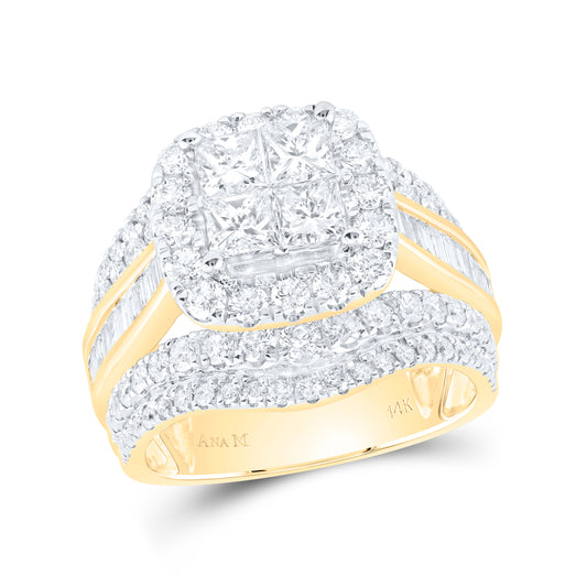 14kt Yellow Gold 3 Cttw Natural Diamond Cushion Single Halo Wedding Engagement Anniversary Bridal Set, Women Size: 5-9