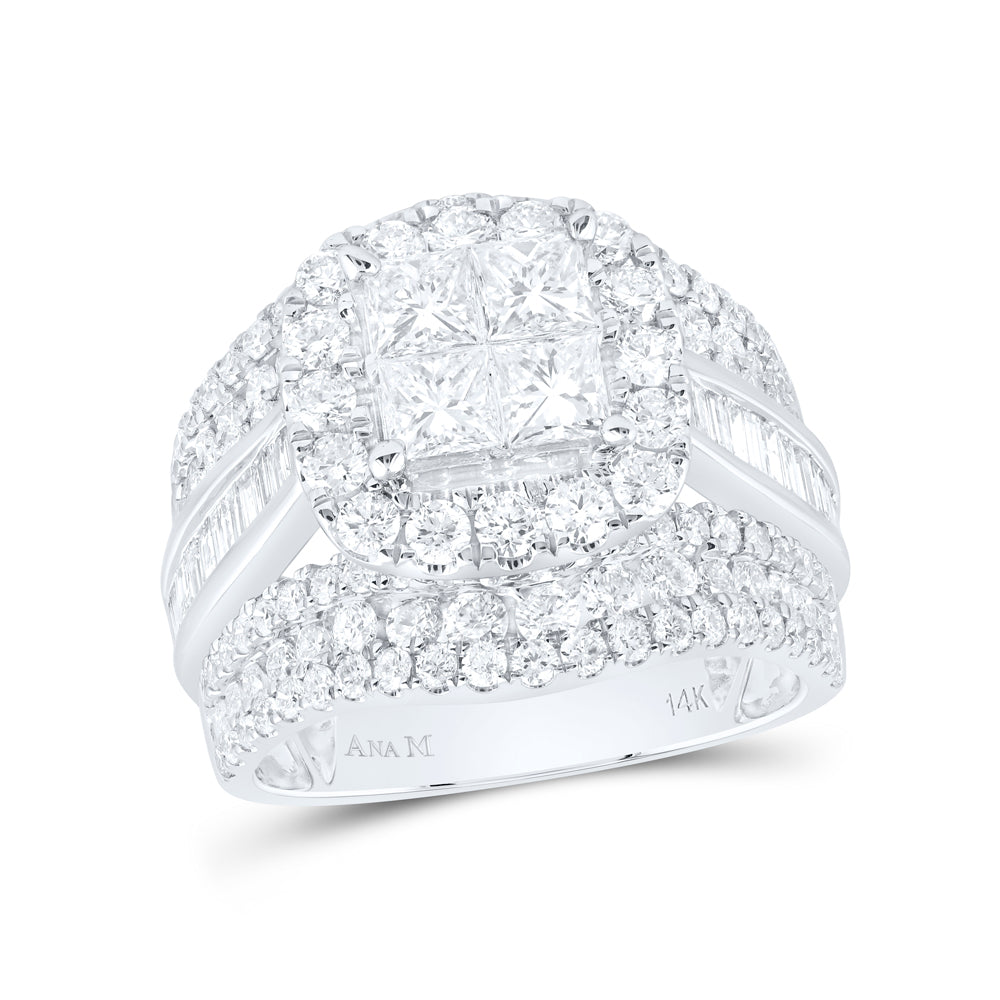 14kt White Gold 3 3/8 Cttw Natural Diamond Cushion Single Halo Wedding Engagement Anniversary Bridal Set, Women Size: 5-9