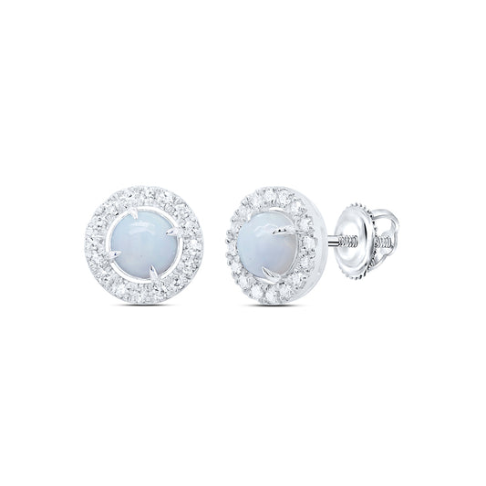 10kt White Gold 1/4 Cttw Natural Diamond 5mm Opal Natural Gem Round Stud Earring