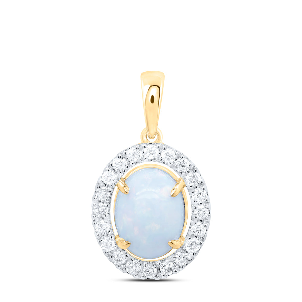 10kt Yellow Gold 1/4 Cttw Natural Diamond 9x7mm Opal Natural Gem Oval Pendant