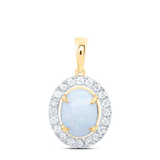 10kt Yellow Gold 1/4 Cttw Natural Diamond 9x7mm Opal Natural Gem Oval Pendant