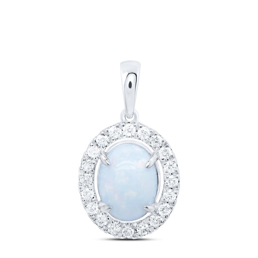 10kt White Gold 1/4 Cttw Natural Diamond 9x7mm Opal Natural Gem Oval Pendant