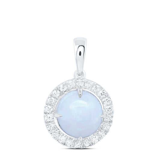10kt White Gold 1/5 Cttw Natural Diamond 8mm Opal Natural Gem Round Pendant