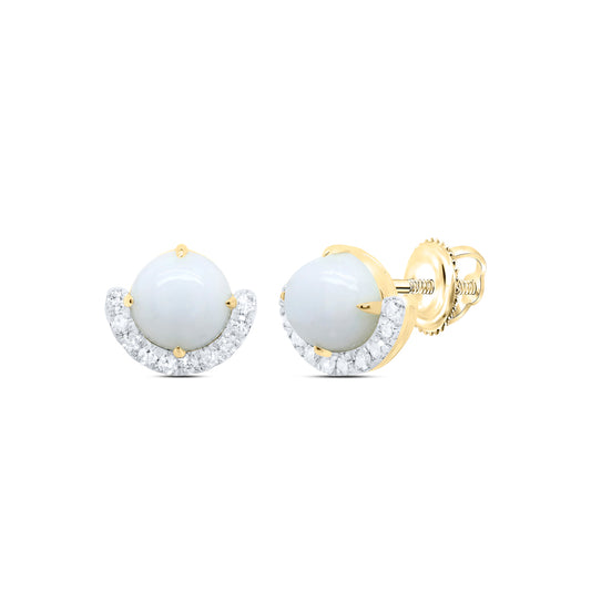 10kt Yellow Gold 1/6 Cttw Natural Diamond 6mm Opal Natural Gem Round Stud Earring