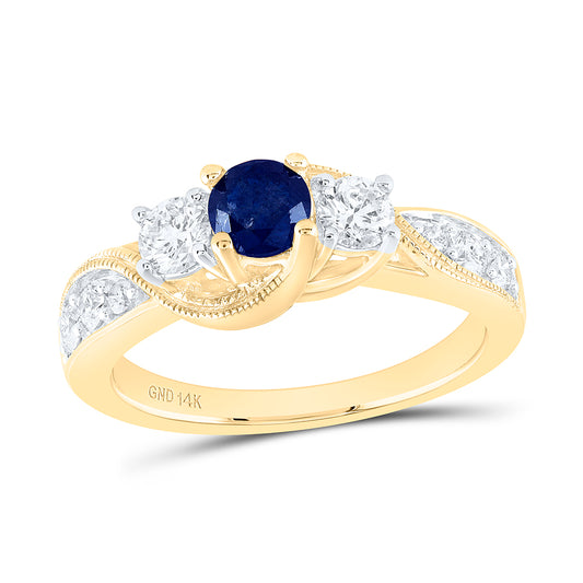14kt Yellow Gold 1 Cttw Diamond 3/8 Cttw Sapphire 2*1/5 Cttw Round 3 Stone Wedding Engagement Anniversary Ring, Women Size: 5-9