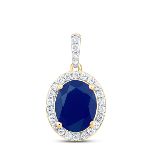 10kt Yellow Gold 1/3 Cttw Natural Diamond 10x8 Mm Oval Blue Sapphire Synthetic Pendant