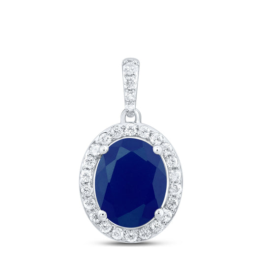 10kt White Gold 1/3 Cttw Natural Diamond 10x8 Mm Oval Blue Sapphire Synthetic Pendant