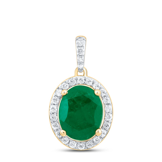 10kt Yellow Gold 1/3 Cttw Natural Diamond 10x8 Mm Oval Emerald Synthetic Pendant