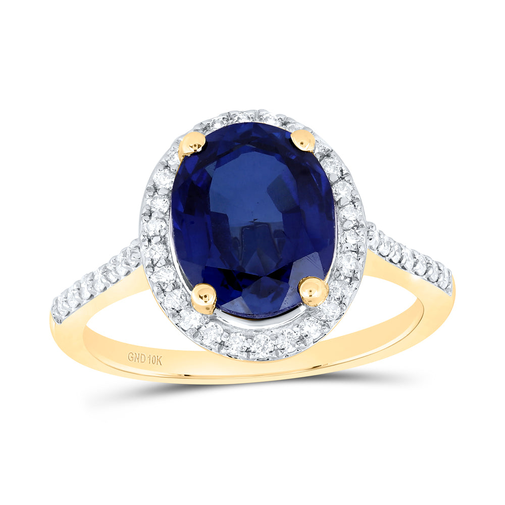 10K Yellow Gold 1/3Ctw Natural Diamond P1 10X8Mm Oval Blue Sapphire Synthetic Ring