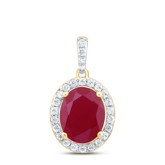 10kt Yellow Gold 1/3 Cttw Natural Diamond 10x8 Mm Oval Ruby Synthetic Pendant