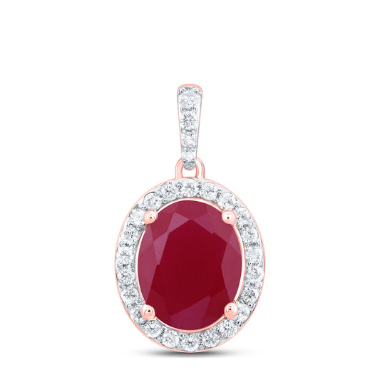 10kt Rose Gold 1/3 Cttw Natural Diamond 10x8 Mm Oval Ruby Synthetic Pendant