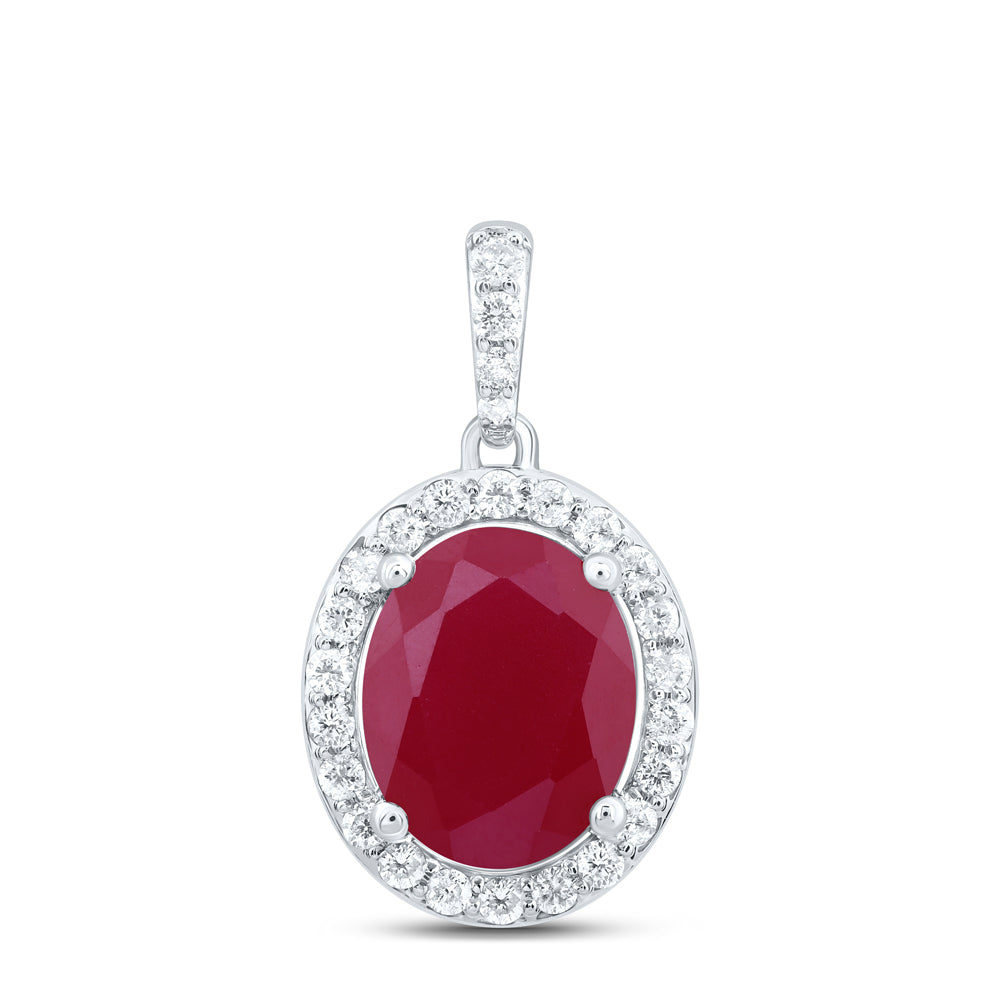 10kt White Gold 1/3 Cttw Natural Diamond 10x8 Mm Oval Ruby Synthetic Pendant