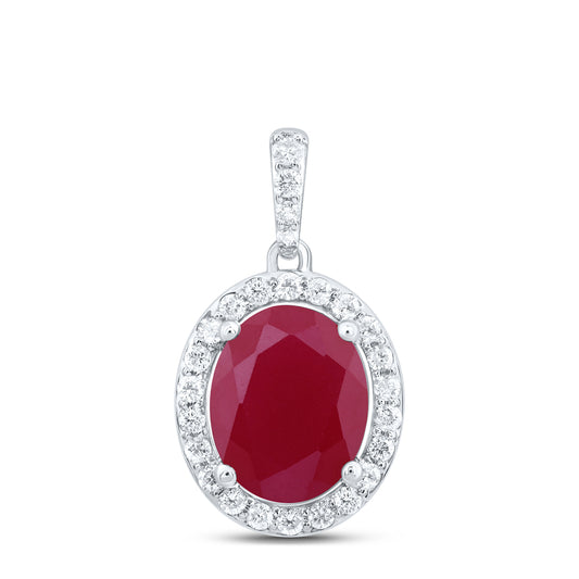 10kt White Gold 1/3 Cttw Natural Diamond 10x8 Mm Oval Ruby Synthetic Pendant