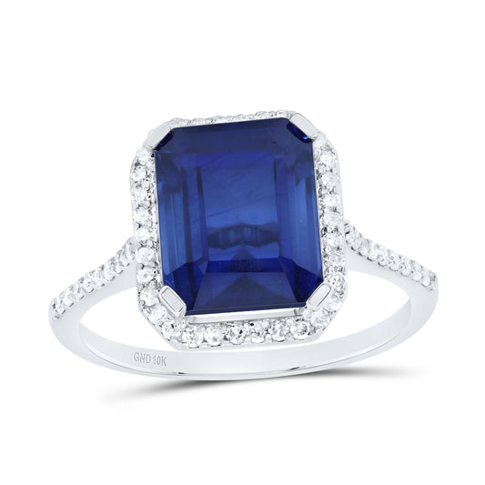 10kt White Gold 1/4 Cttw Natural Diamond 10x8 Mm Emerald Blue Sapphire Synthetic Wedding Engagement Anniversary Ring, Women Size: 5-9