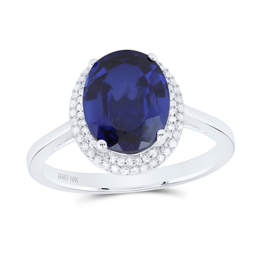 10kt White Gold 1/6 Cttw Natural Diamond 10x8 Mm Oval Blue Sapphire Synthetic Wedding Engagement Anniversary Ring, Women Size: 5-9