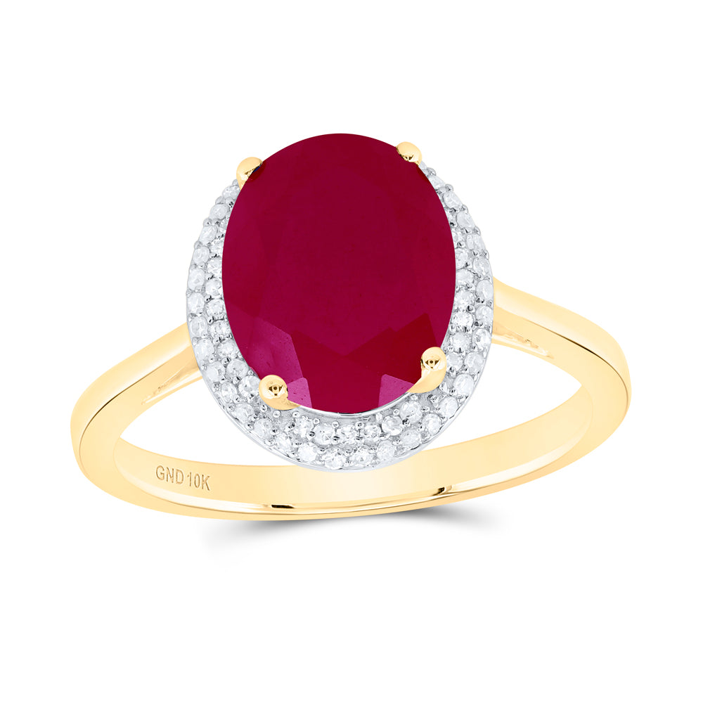 10kt Yellow Gold 1/6 Cttw Natural Diamond 10x8 Mm Oval Ruby Synthetic Wedding Engagement Anniversary Ring, Women Size: 5-9