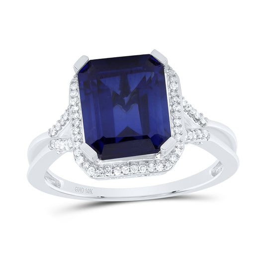 10kt White Gold 1/6 Cttw Natural Diamond 10x8 Mm Emerald Blue Sapphire Synthetic Wedding Engagement Anniversary Ring, Women Size: 5-9