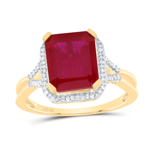 10kt Yellow Gold 1/6 Cttw Natural Diamond 10x8 Mm Emerald Ruby Synthetic Wedding Engagement Anniversary Ring, Women Size: 5-9