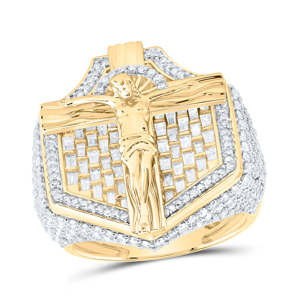 10kt Yellow Gold 3 3/4 Cttw Natural Diamond Jesus Cross Mens Ring, Men Size: 8-12