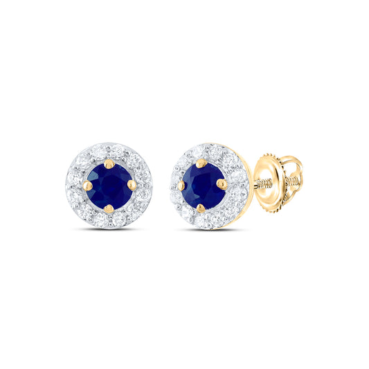 14kt Yellow Gold 1/8 Cttw Natural Diamond 3mm Round Blue Sapphire Natural Gem Stud Earring