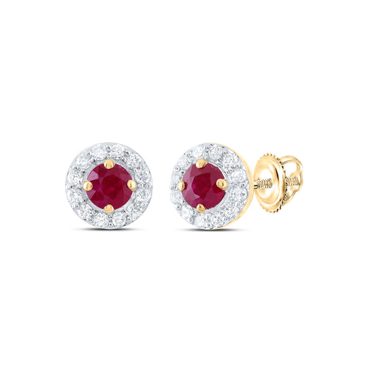 14kt Yellow Gold 1/8 Cttw Natural Diamond 3mm Round Ruby Natural Gem Stud Earring