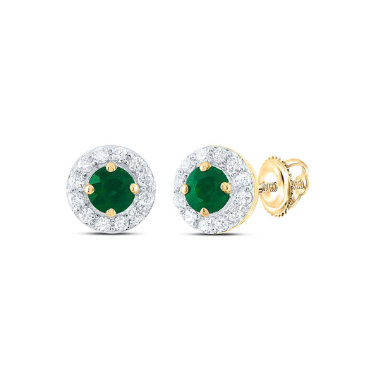 14kt Yellow Gold 1/8 Cttw Natural Diamond 3mm Round Emerald Natural Gem Stud Earring