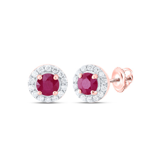 14kt Rose Gold 1/6 Cttw Natural Diamond 4mm Round Ruby Natural Gem Stud Earring