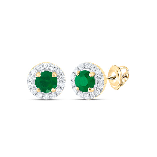 14kt Yellow Gold 1/6 Cttw Natural Diamond 4mm Round Emerald Natural Gem Stud Earring
