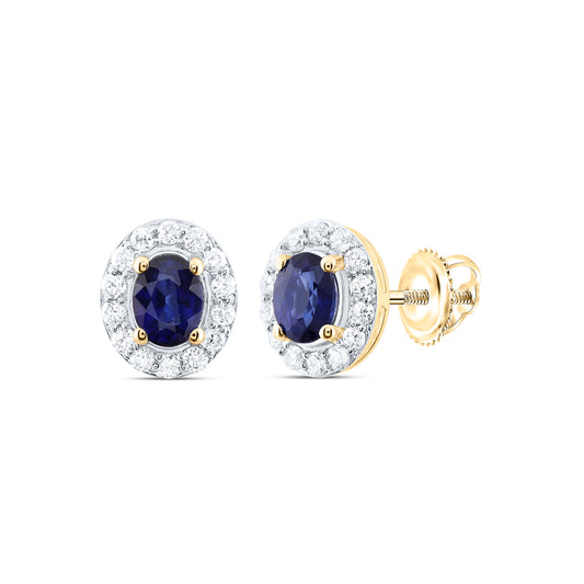 14kt Yellow Gold 1/8 Cttw Natural Diamond 4x3mm Oval Blue Sapphire Natural Gem Stud Earring