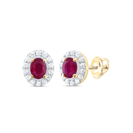 14kt Yellow Gold 1/8 Cttw Natural Diamond 4x3mm Oval Ruby Natural Gem Stud Earring