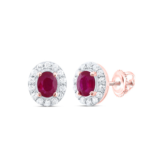 14kt Rose Gold 1/8 Cttw Natural Diamond 4x3mm Oval Ruby Natural Gem Stud Earring