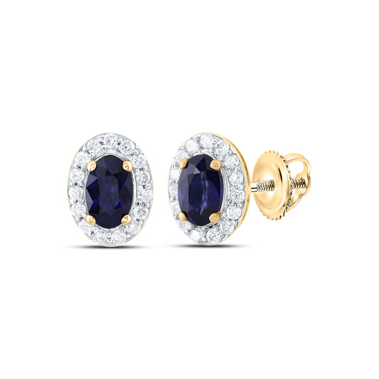 14kt Yellow Gold 1/6 Cttw Natural Diamond 5x3mm Oval Blue Sapphire Natural Gem Stud Earring
